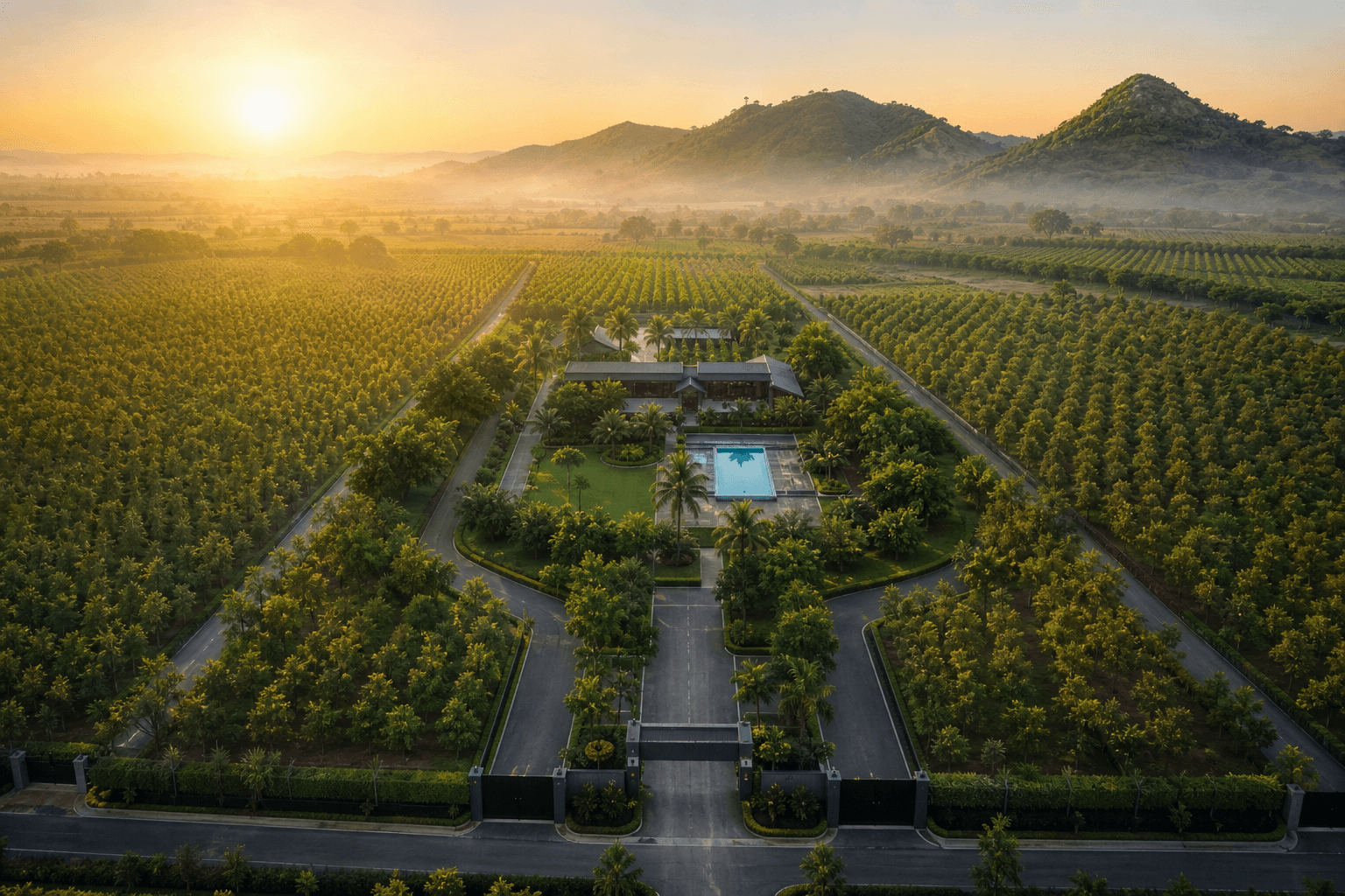 Aerial view of Mruganayani farmland at sunrise